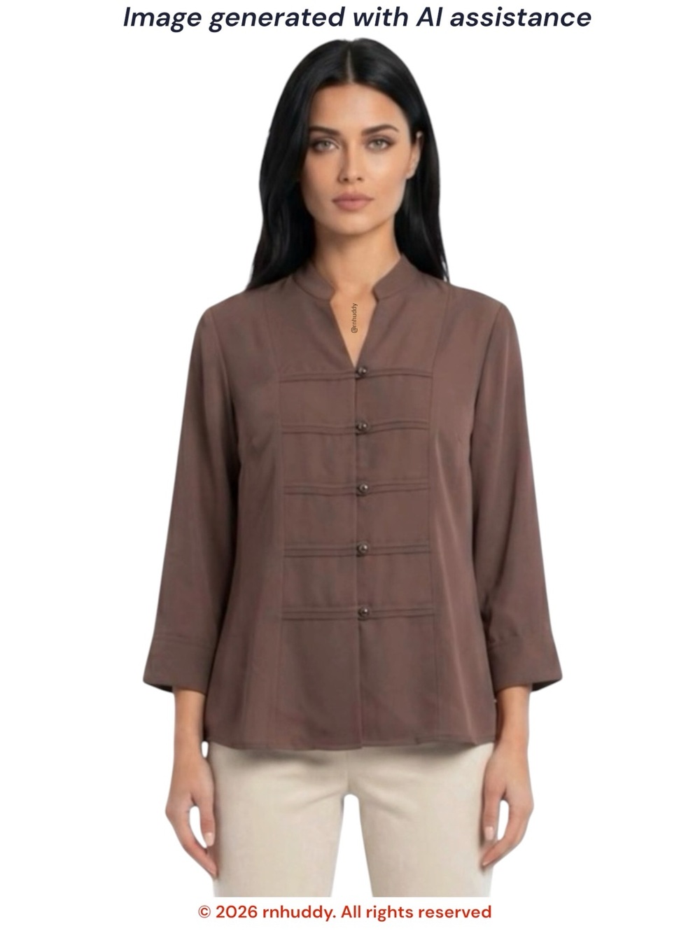 Kathy Che size 12 brown mandarin collar knot frog button 3/4 sleeve top